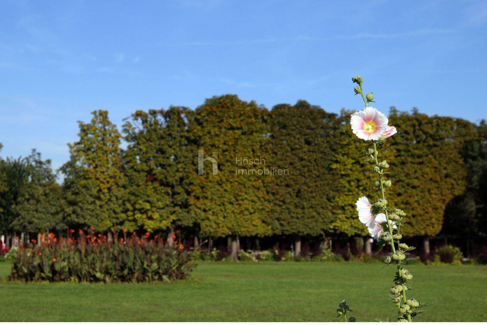 Weitläufige Parklandschaft mit gepflegtem Rasen, Blumenbeeten und hohen Bäumen.