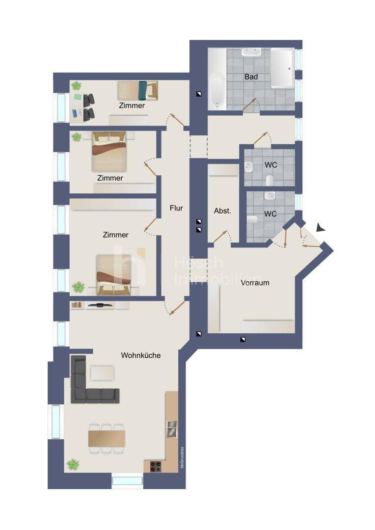 Detaillierter Grundriss einer Wohnung mit drei Zimmern, offener Wohnküche und zwei Bädern.