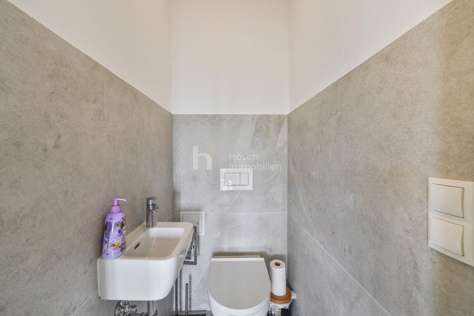 Modernes Gäste-WC mit Wand-WC, kleinem Waschbecken und grauen Fliesen.