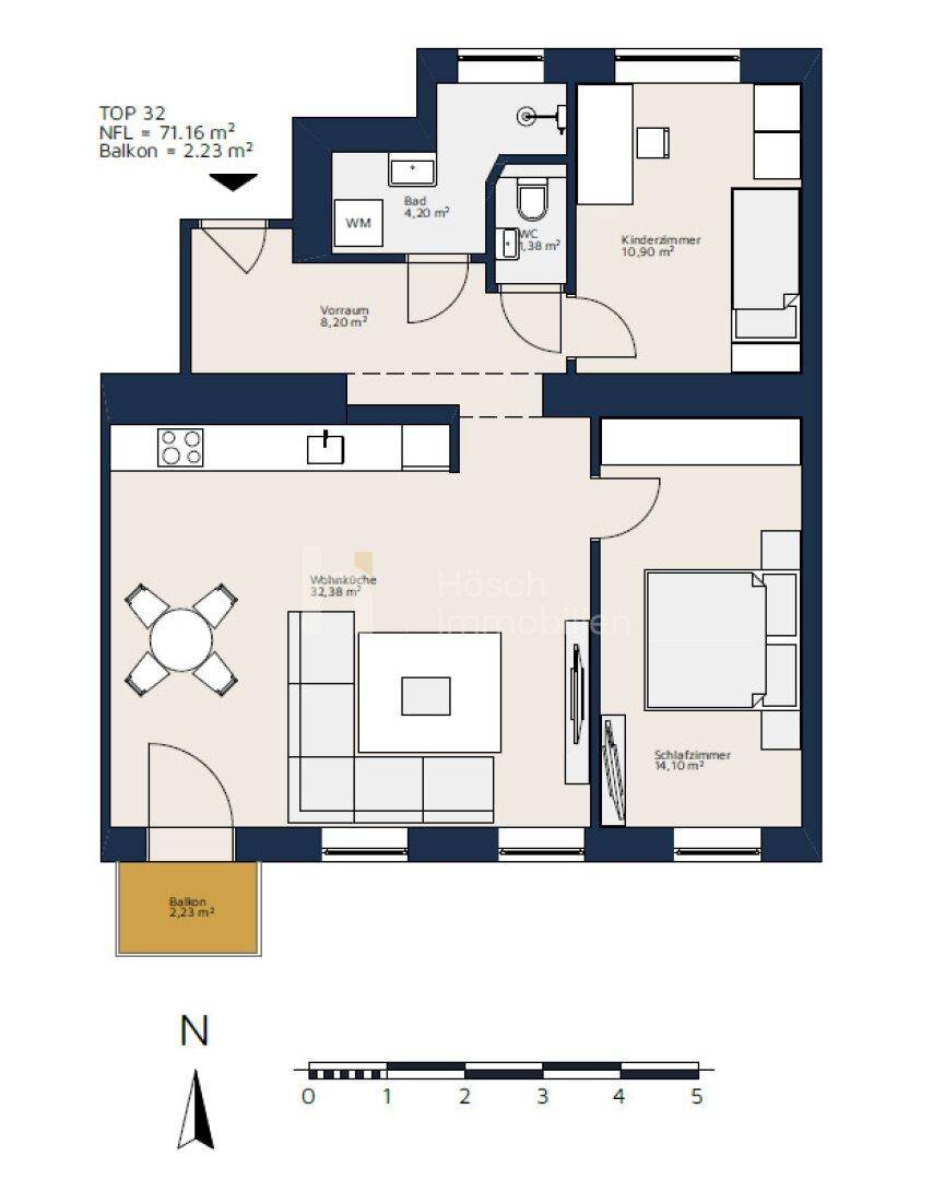 Grundriss der Wohnung mit offener Wohnküche, Schlafzimmer, Kinderzimmer und Balkon.