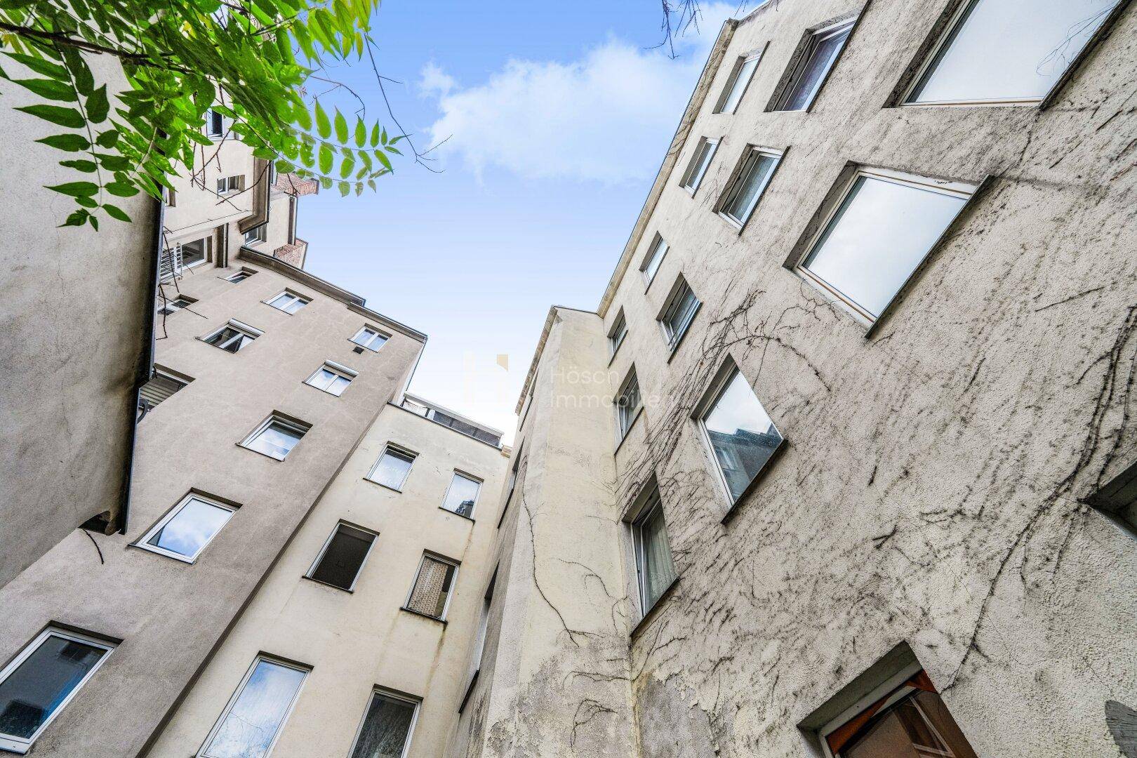 Blick nach oben in einen Innenhof mit alten Gebäudefassaden und Bewuchs.