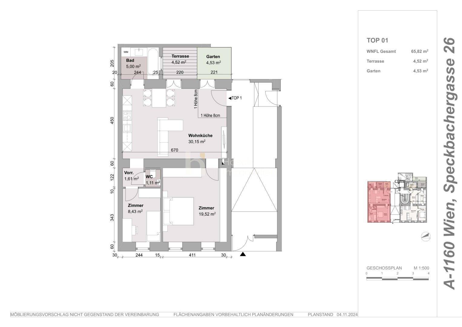 Grundriss der Wohnung Top 01 mit Wohnküche, zwei Zimmern, Bad und Terrasse.