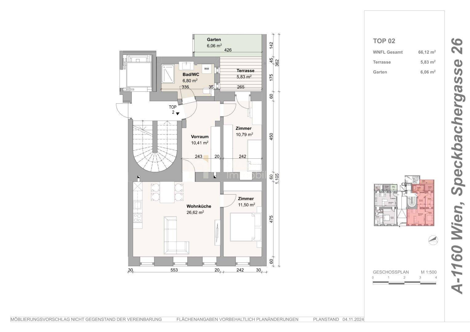 Grundriss der Wohnung Top 02 mit Wohnküche, Zimmern, Bad und Terrasse.