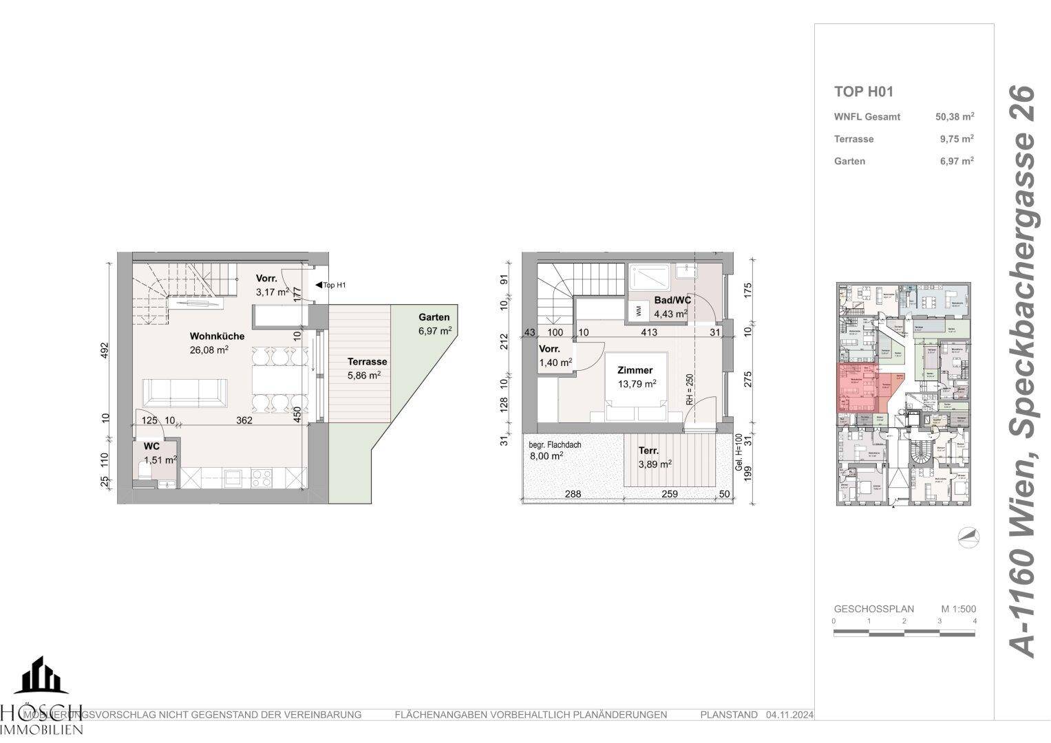 Grundrissplan für eine Wohnung mit Wohnküche, Terrasse und Gartenanteil.