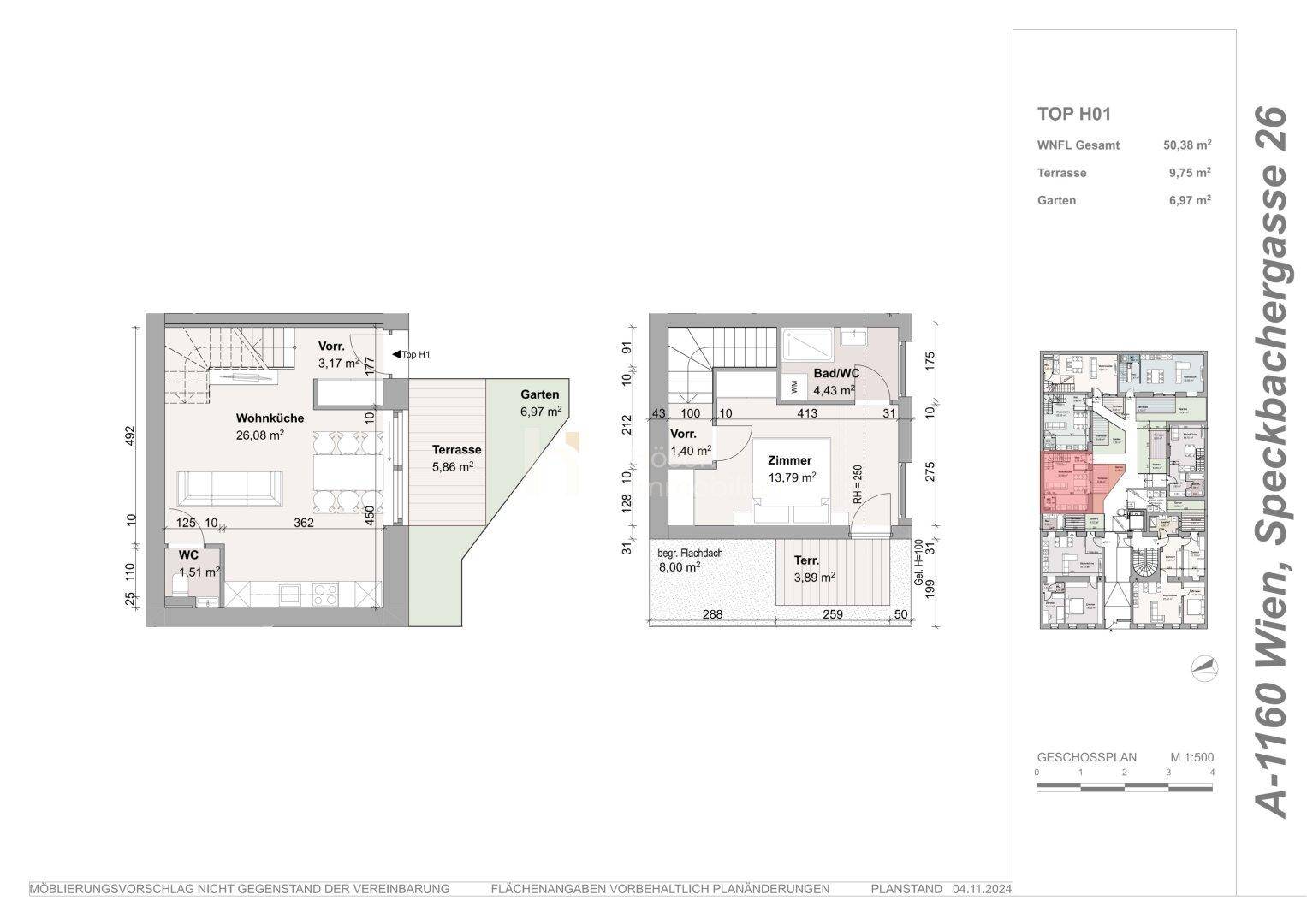 Grundriss der Wohnung H01 mit Wohnküche, Bad/WC, Zimmer und Terrasse.