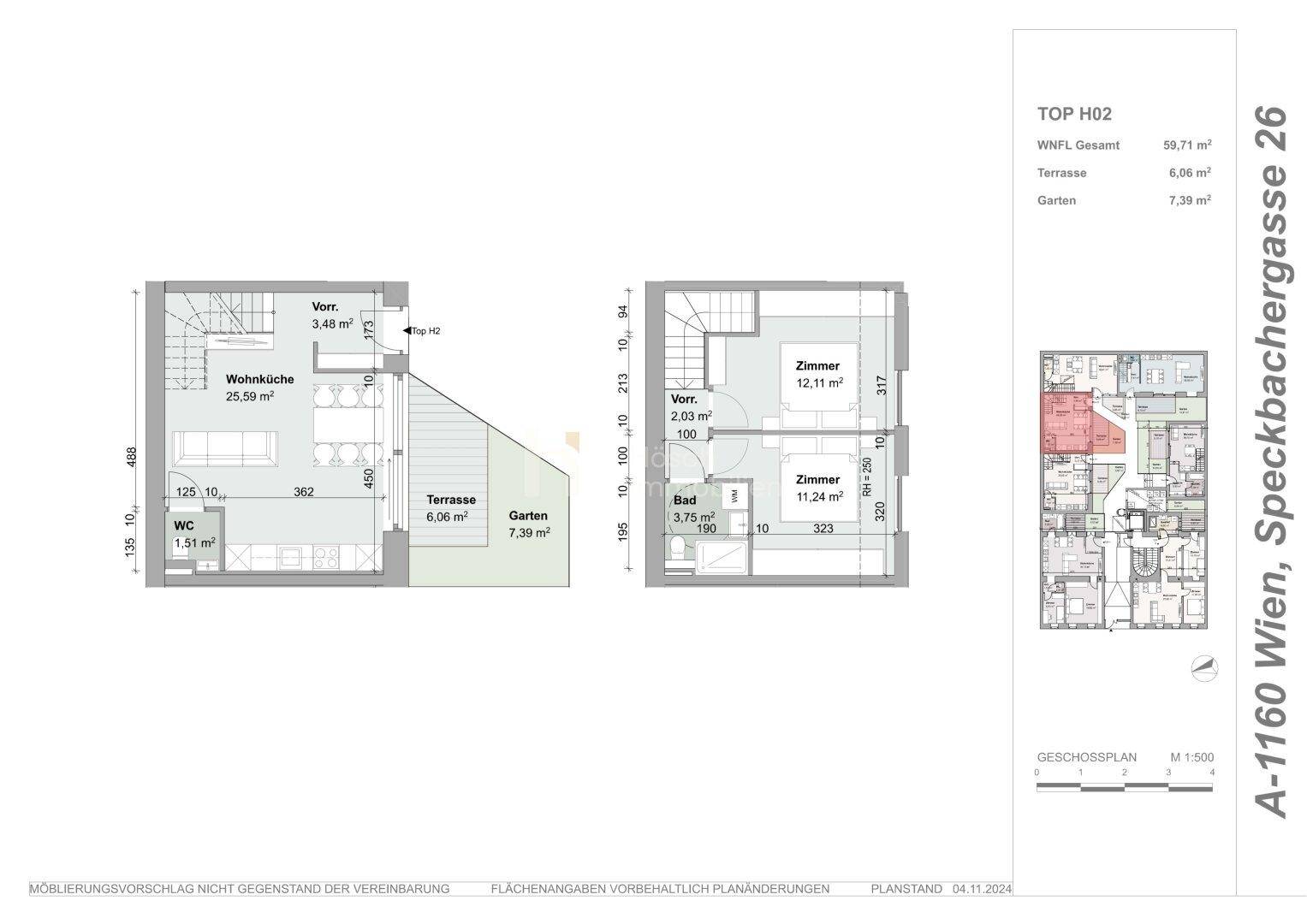 Grundrissplan einer Wohnung auf zwei Ebenen mit Zimmeraufteilung und Flächenangaben.