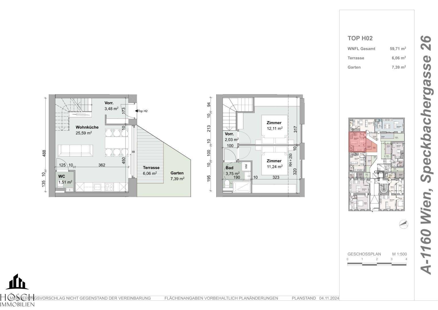 Grundrissplan einer Maisonette-Wohnung mit offenem Wohnbereich, Terrasse und Garten.