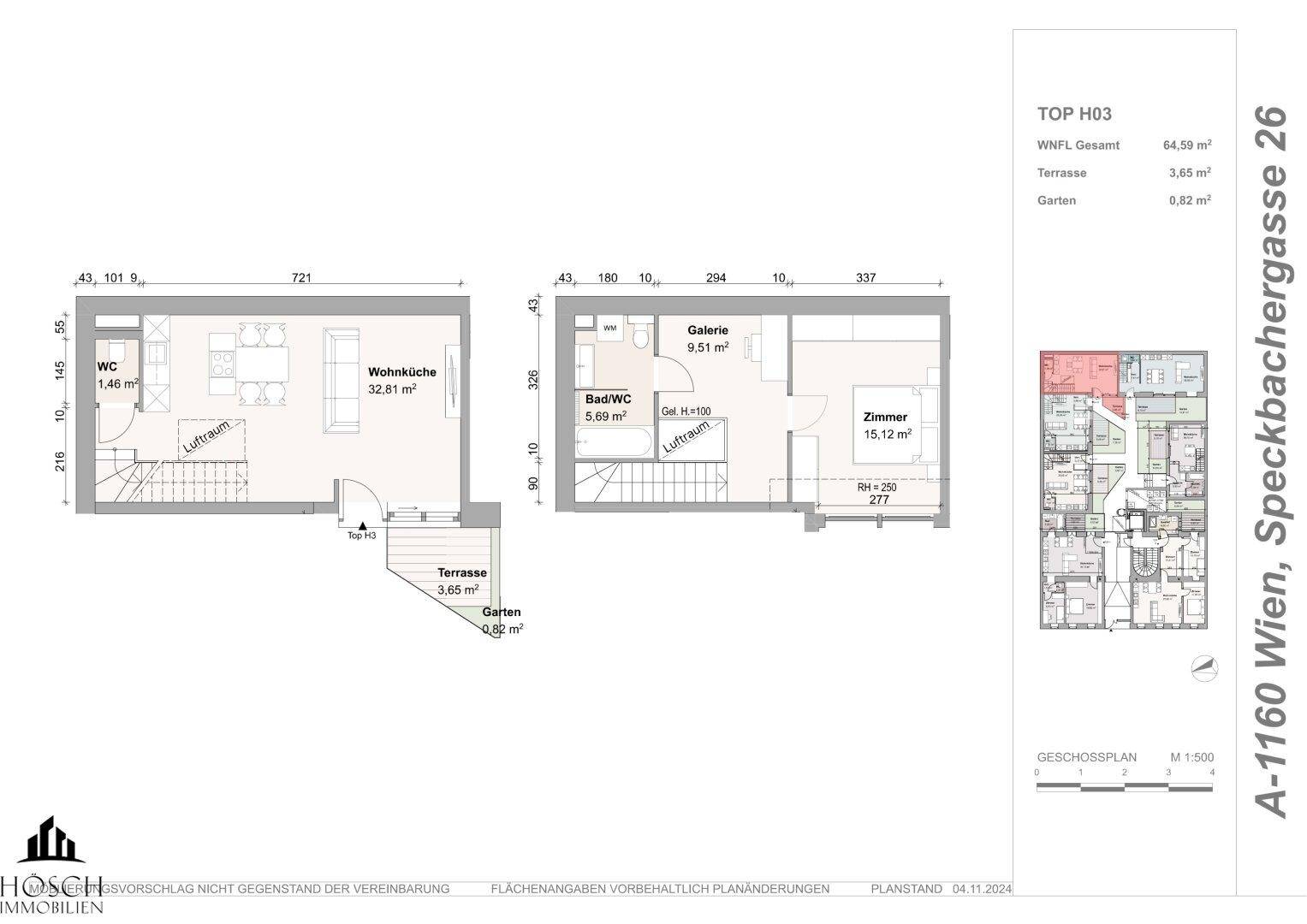 Detaillierter Grundriss der Wohnung H03 mit Wohnküche, Zimmer und Terrasse.