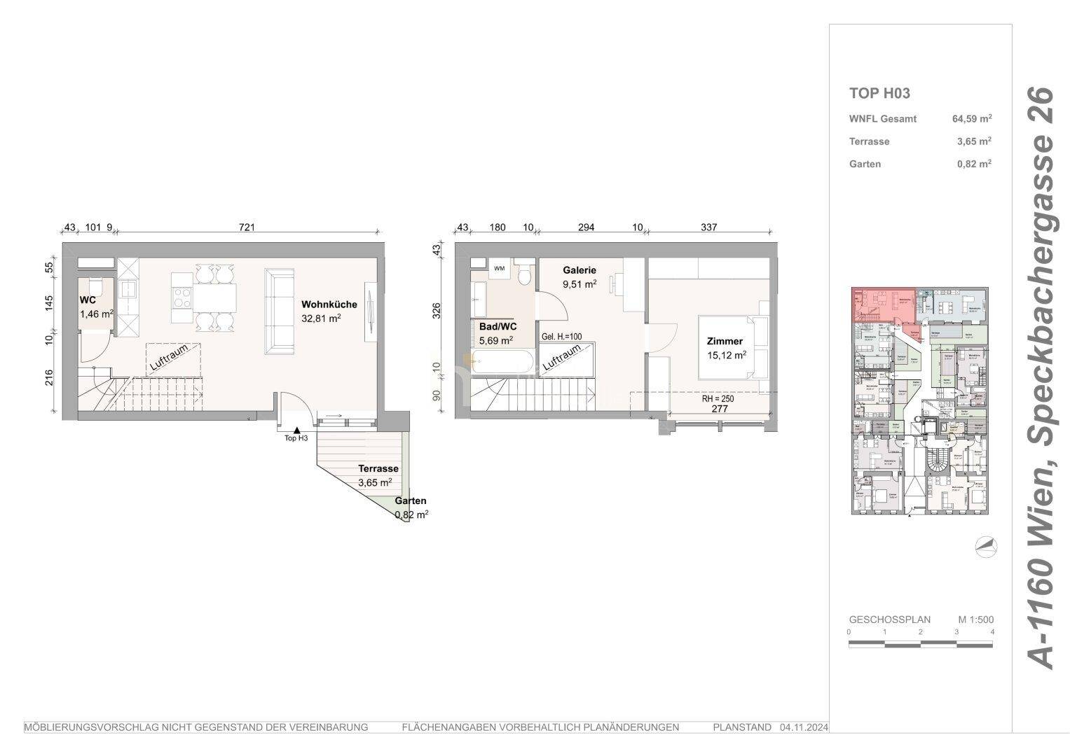 Grundriss der Wohnung H03 mit Wohnküche, Terrasse und Galeriebereich.