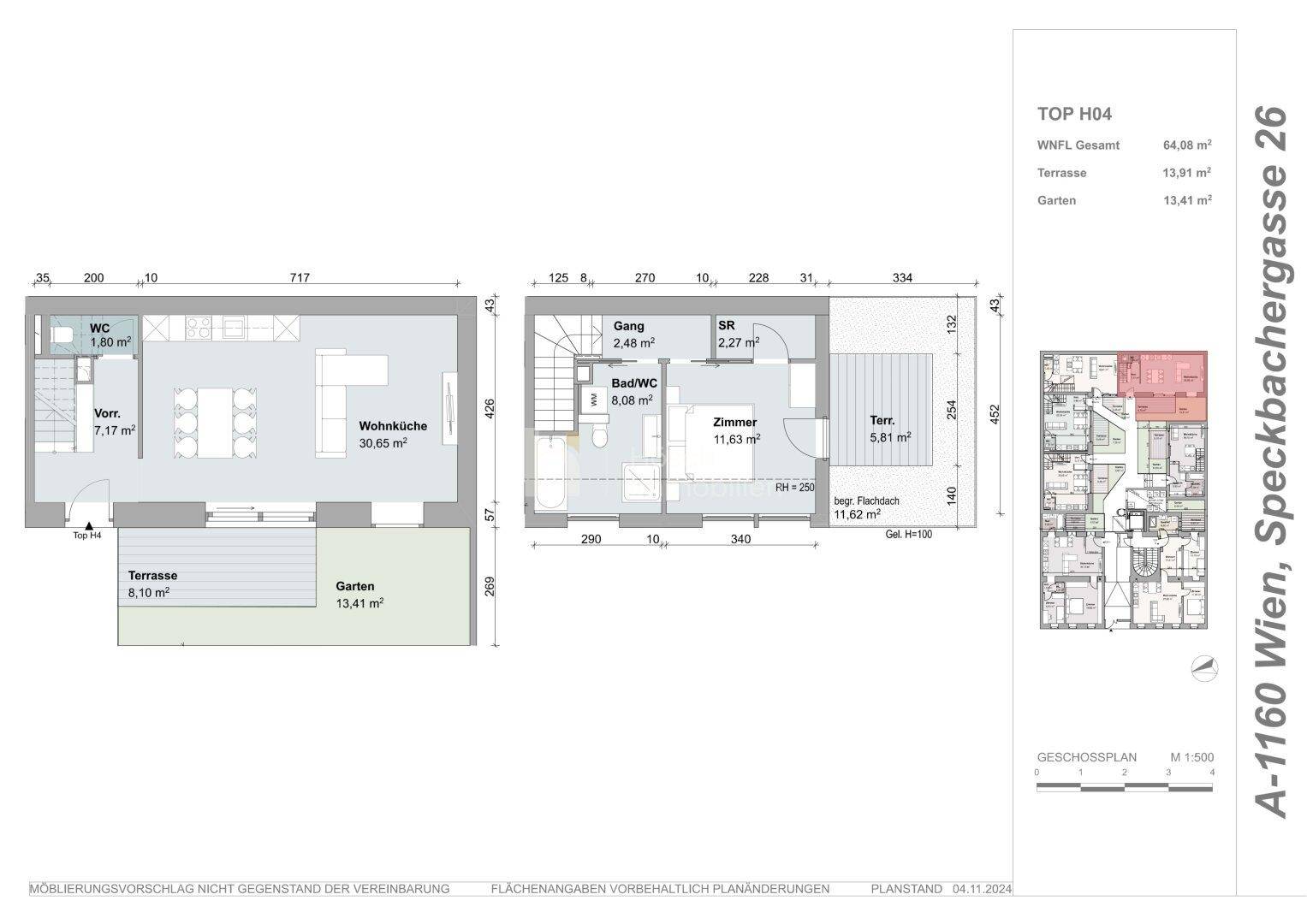 Grundriss der Wohnung H04 mit Wohnküche, Terrasse und Gartenbereich.
