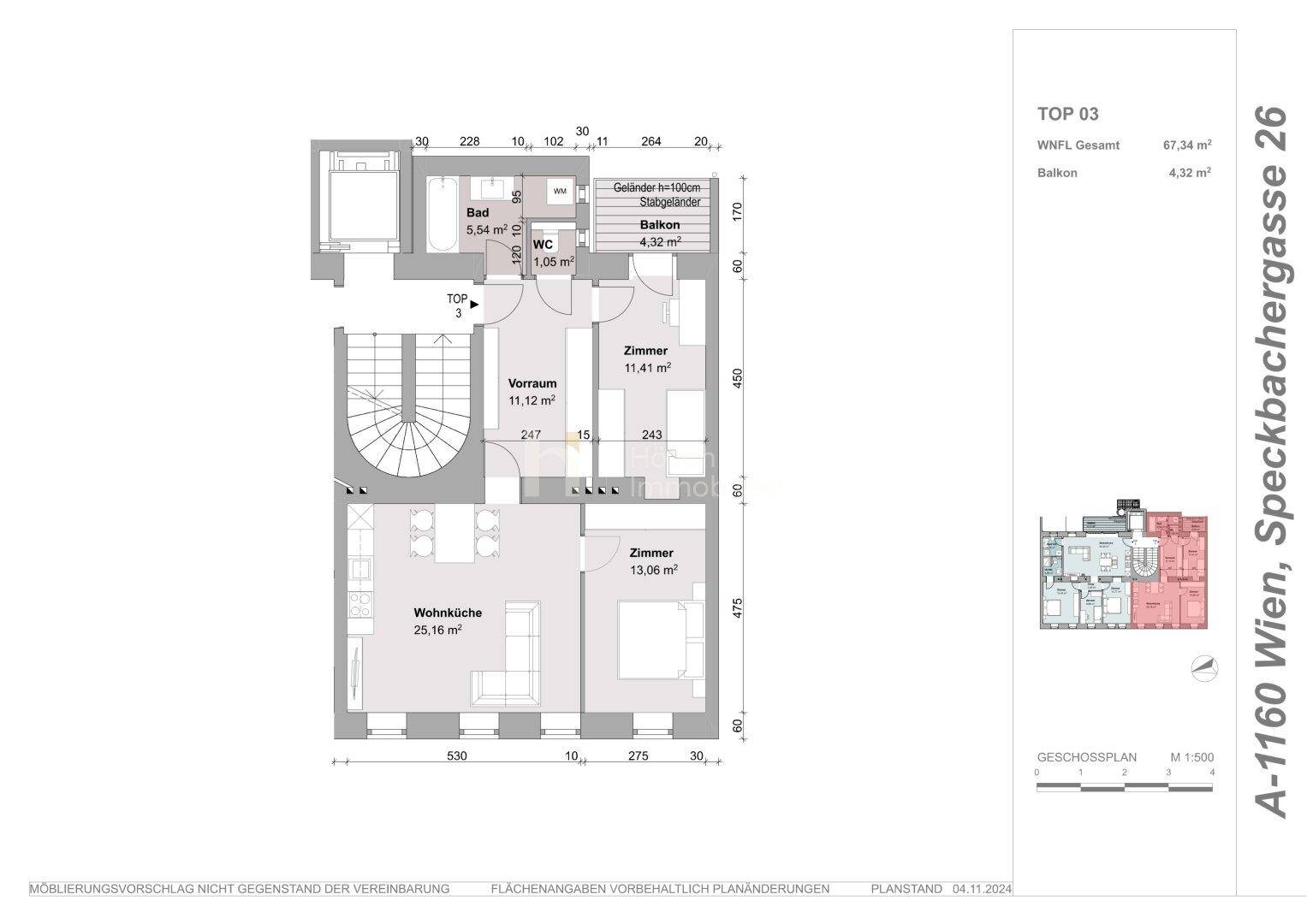 Grundriss der Wohnung TOP 03 mit Wohnküche, zwei Zimmern, Bad und Balkon.