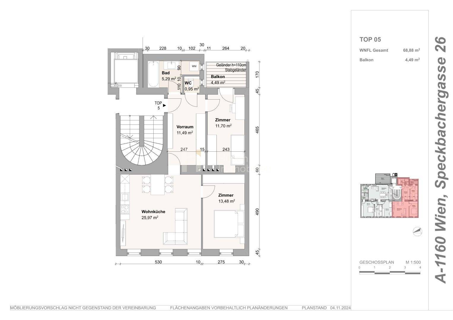 Grundriss der Wohnung TOP 05 mit Wohnküche, zwei Zimmern, Bad und Balkon.