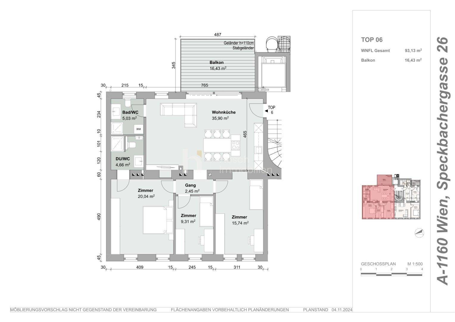 Grundriss der Wohnung TOP 06 mit offener Wohnküche, drei Zimmern und großem Balkon.