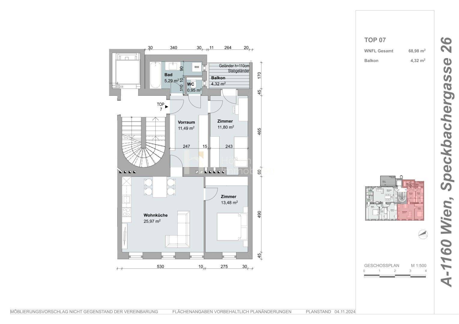 Grundriss der Wohnung TOP 07 mit offener Wohnküche, zwei Zimmern und kleinem Balkon.