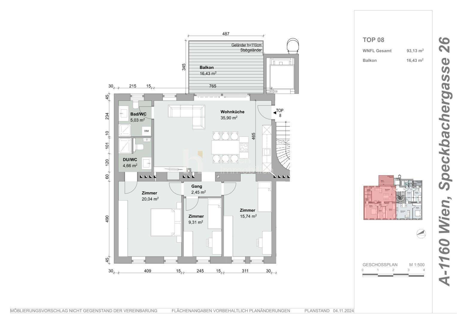 Grundriss der Wohnung TOP 08 mit offener Wohnküche, drei Zimmern und großem Balkon.