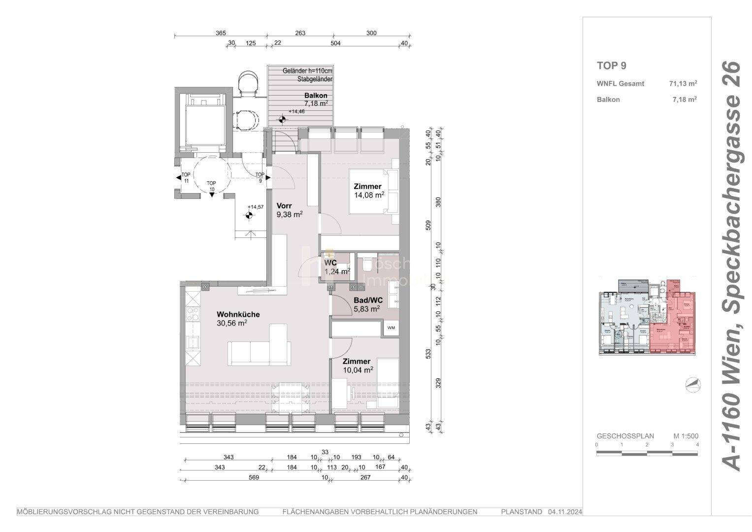 Grundriss der Wohnung TOP 09 mit offener Wohnküche, zwei Zimmern und Balkon.