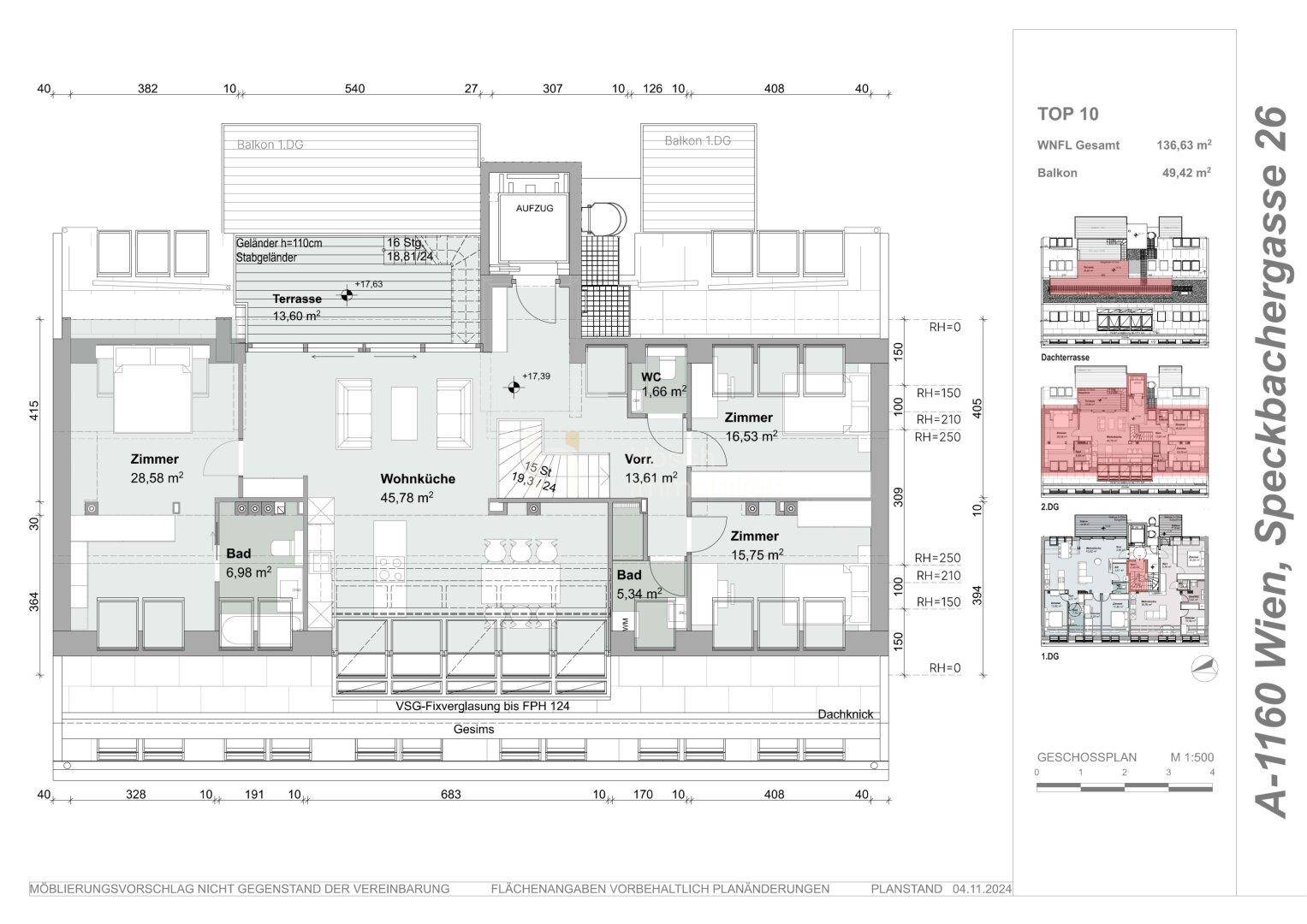 Grundriss der Wohnung TOP 10 mit großer Wohnküche, drei Zimmern und Terrasse.
