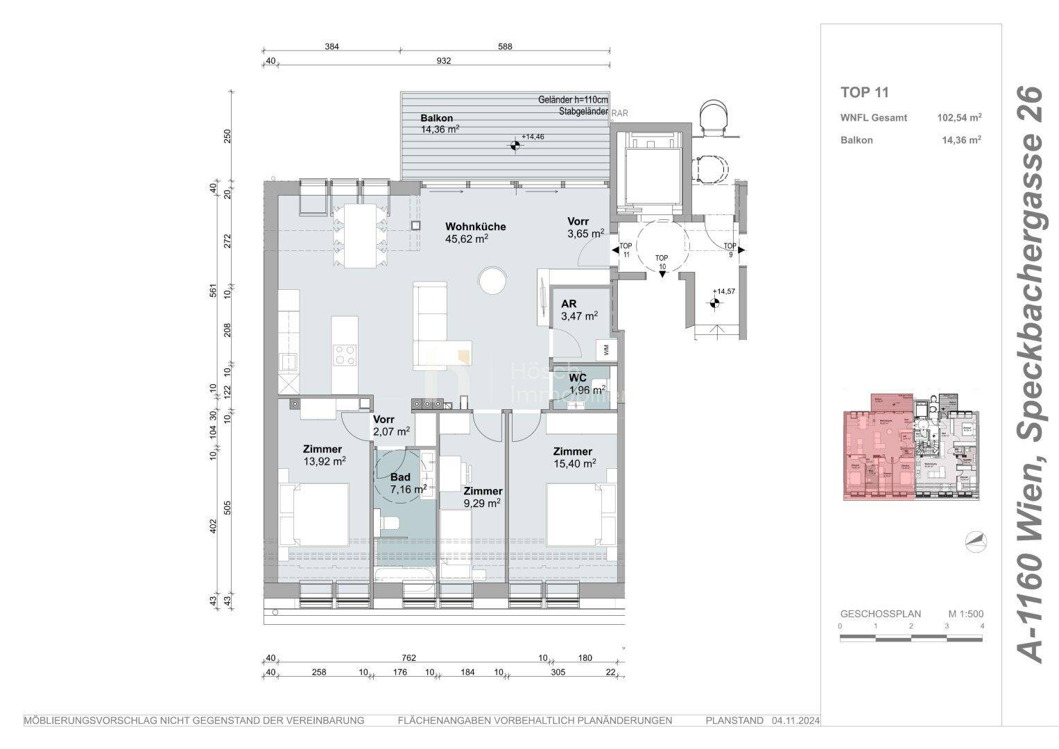 Grundriss der Wohnung TOP 11 mit offener Wohnküche, zwei Zimmern und großem Balkon.
