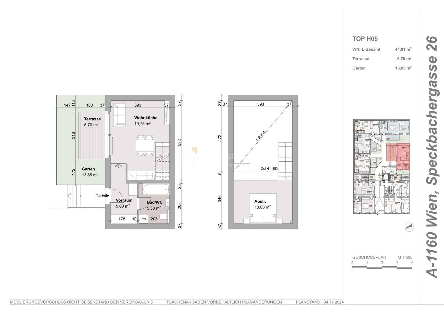 Grundriss der Wohnung TOP H05 mit Wohnküche, Terrasse, Garten und Abstellraum.
