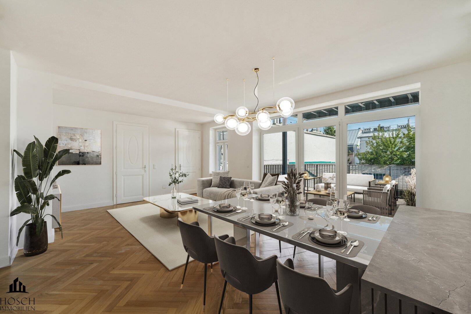 Eleganter Wohn- und Essbereich mit Fischgrätparkett und Zugang zur Terrasse.