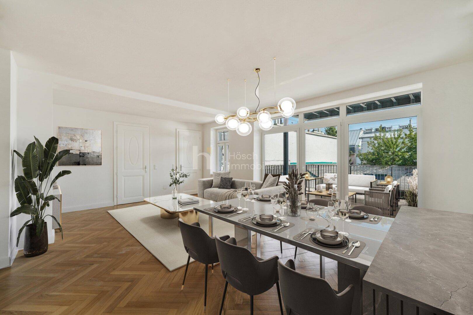 Eleganter Wohn-Essbereich mit Fischgrätparkett, großen Fenstern und Zugang zur Terrasse.