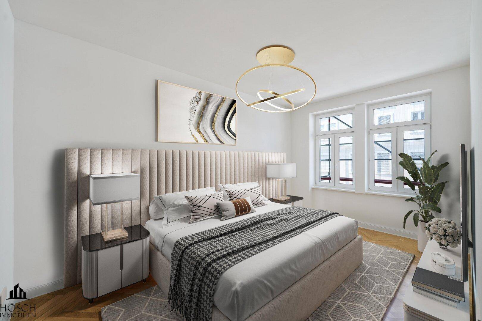 Modernes Schlafzimmer mit Fischgrätparkett, großen Fenstern und stilvoller Einrichtung.