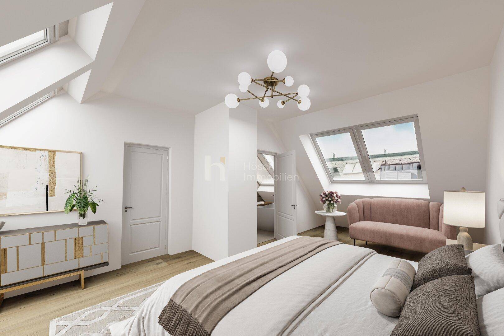 Helles Schlafzimmer im Dachgeschoss mit Dachschrägen, Parkettboden und moderner Einrichtung.