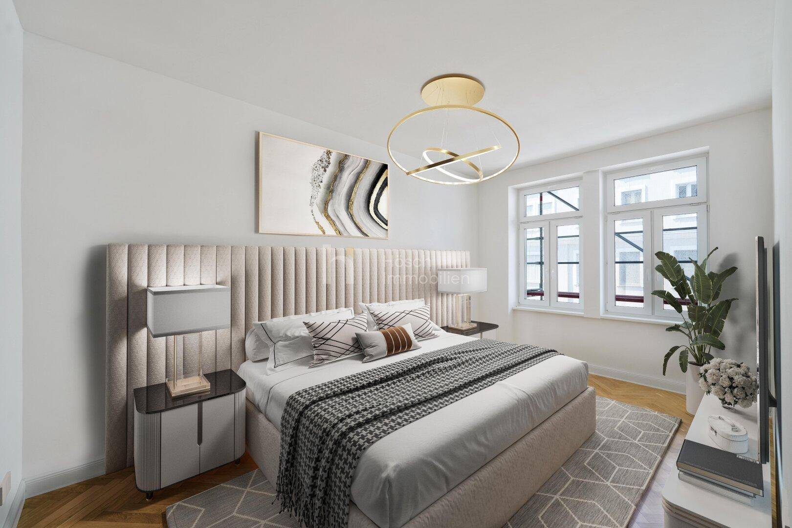 Elegantes Schlafzimmer mit großem gepolstertem Kopfteil, Fischgrätparkett und viel Tageslicht.