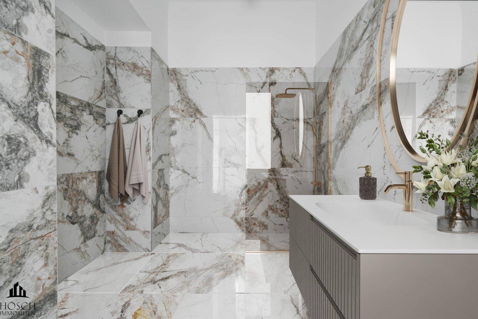 Luxuriöses Badezimmer mit großformatigen Marmorfliesen und einer modernen begehbaren Dusche.