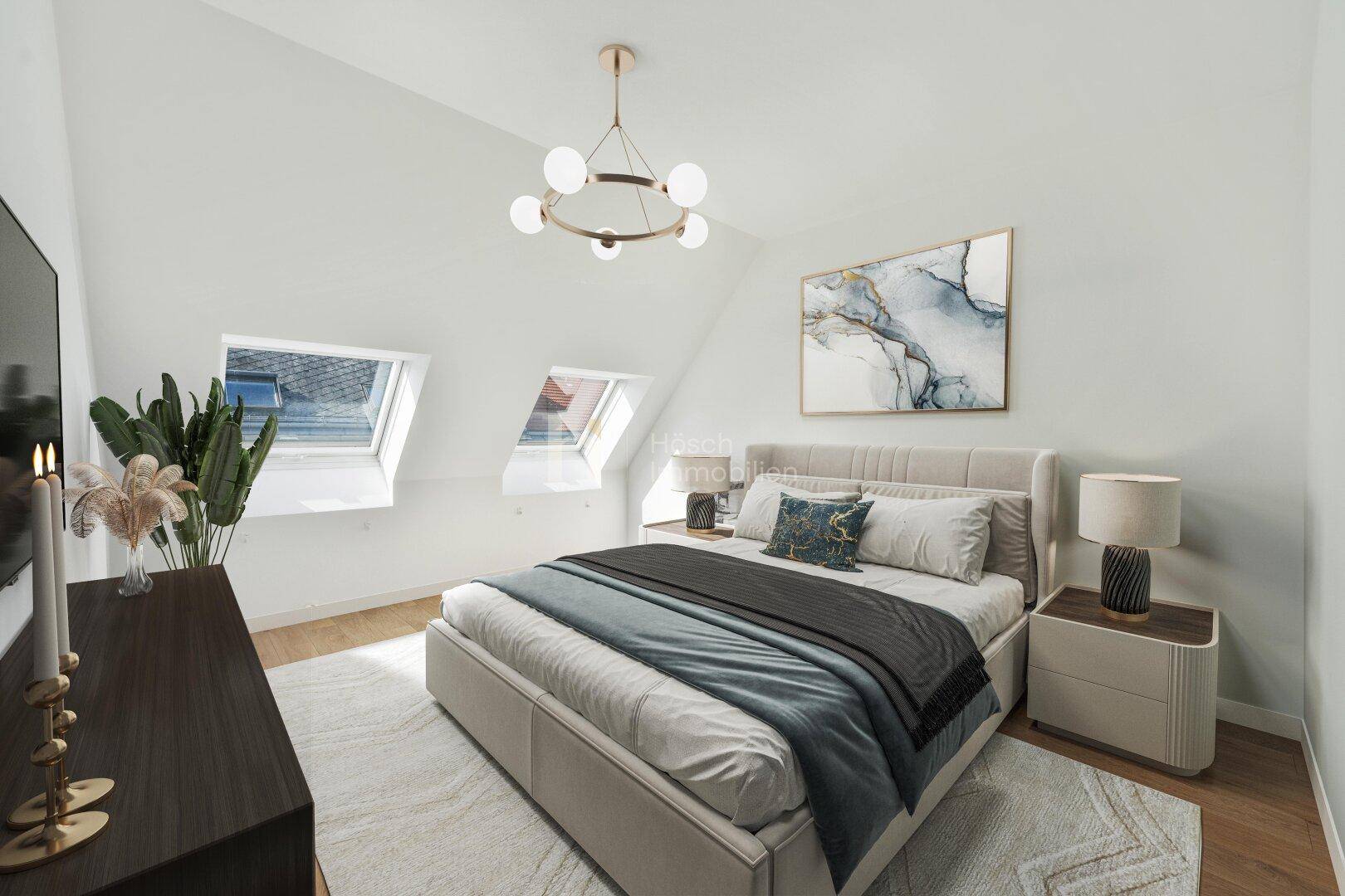 Gemütliches Schlafzimmer im Dachgeschoss mit Holzboden, Dachfenstern und moderner Einrichtung.
