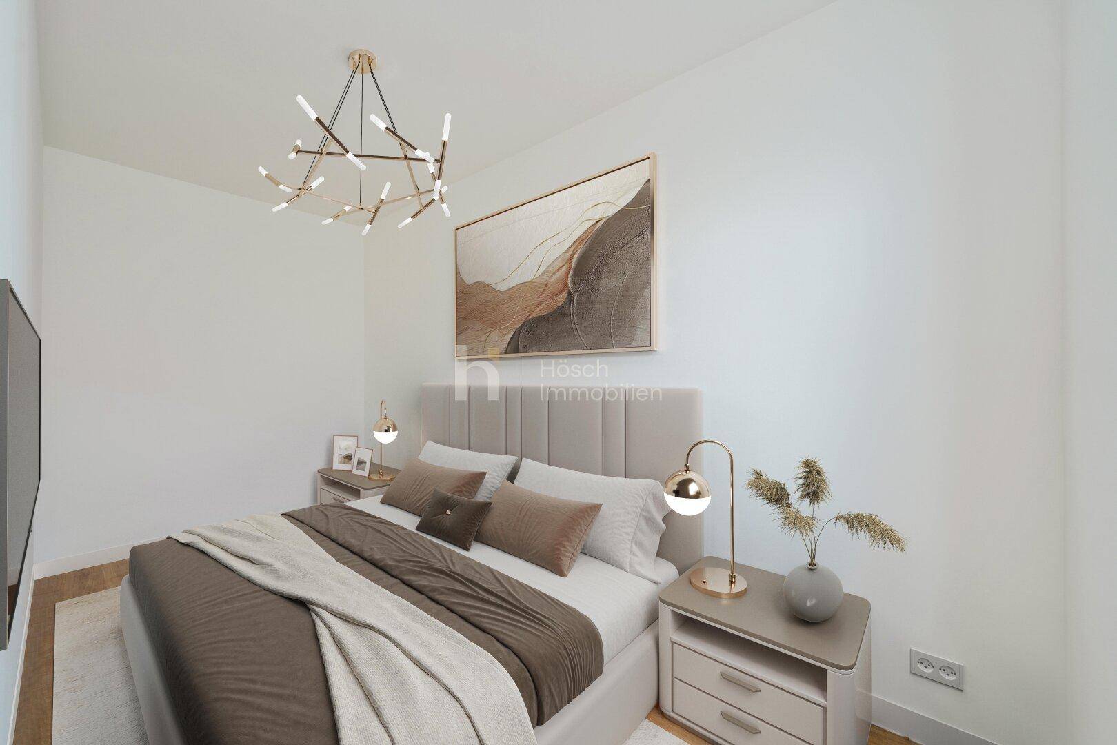 Modernes Schlafzimmer mit hellem Holzboden, bequemen Bett und stilvoller Beleuchtung.