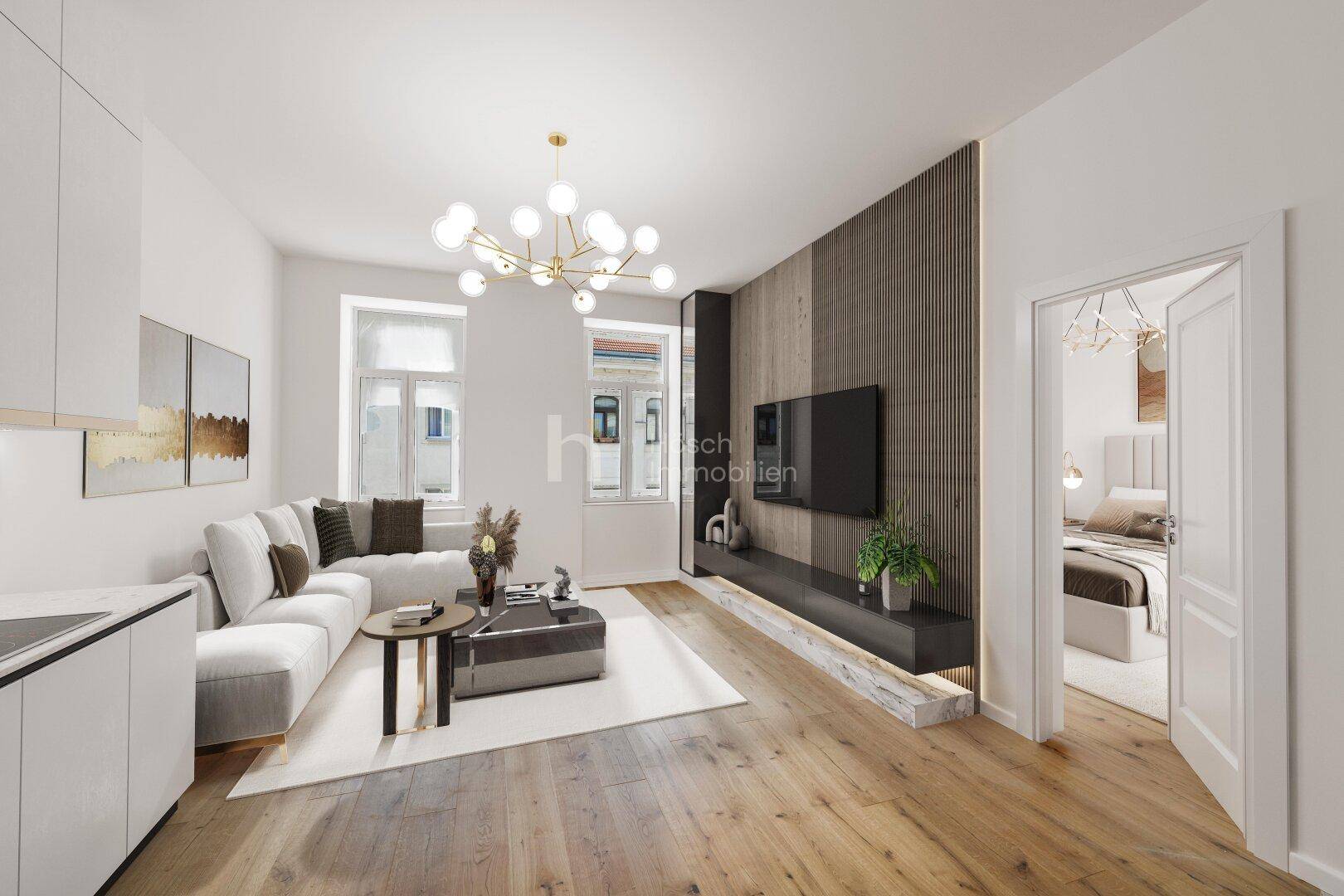 Helles Wohnzimmer mit Holzboden, moderner Einrichtung und Blick auf die Stadt durch große Fenster.