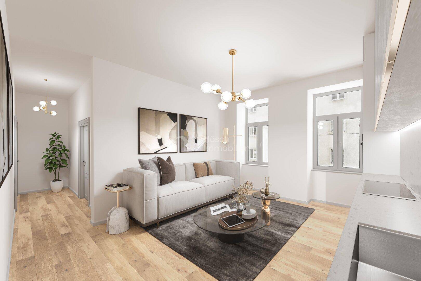 Helles, modern eingerichtetes Wohnzimmer mit Holzboden, hohen Decken und Blick auf die Stadt.