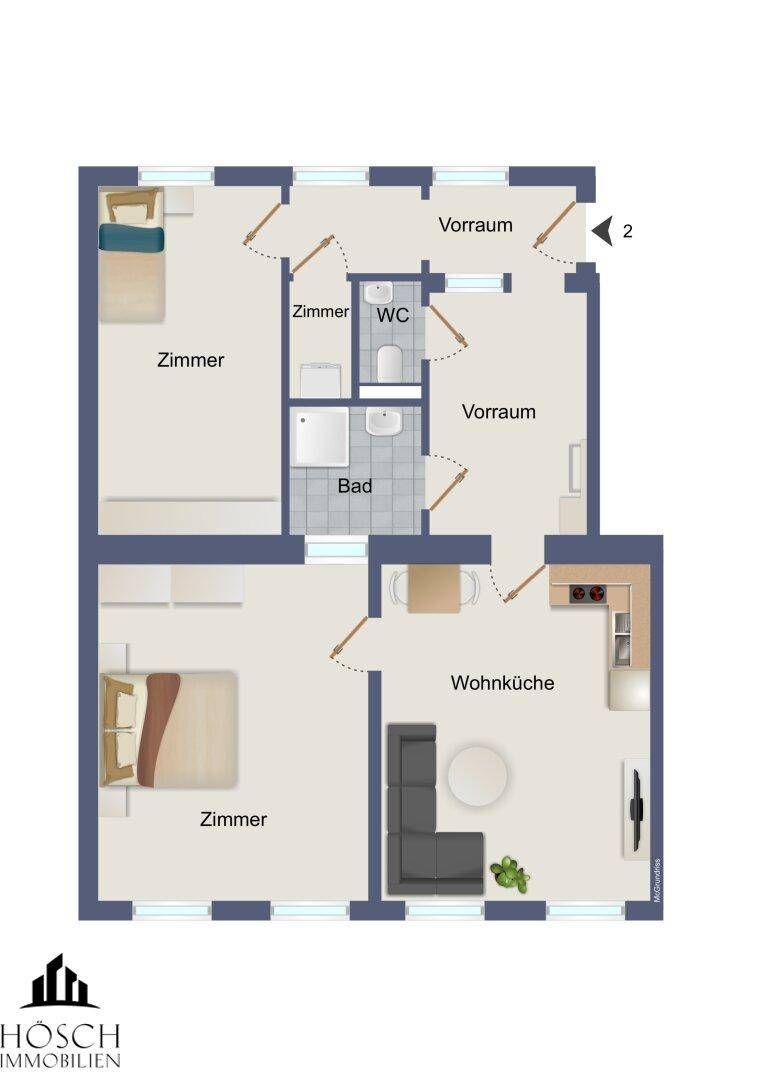 Grundriss zeigt zwei Schlafzimmer, ein Bad, separates WC und eine offene Wohnküche.