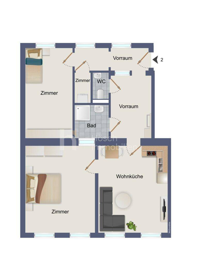 Grundriss einer Wohnung mit zwei Zimmern, offener Wohnküche, Bad und separatem WC.