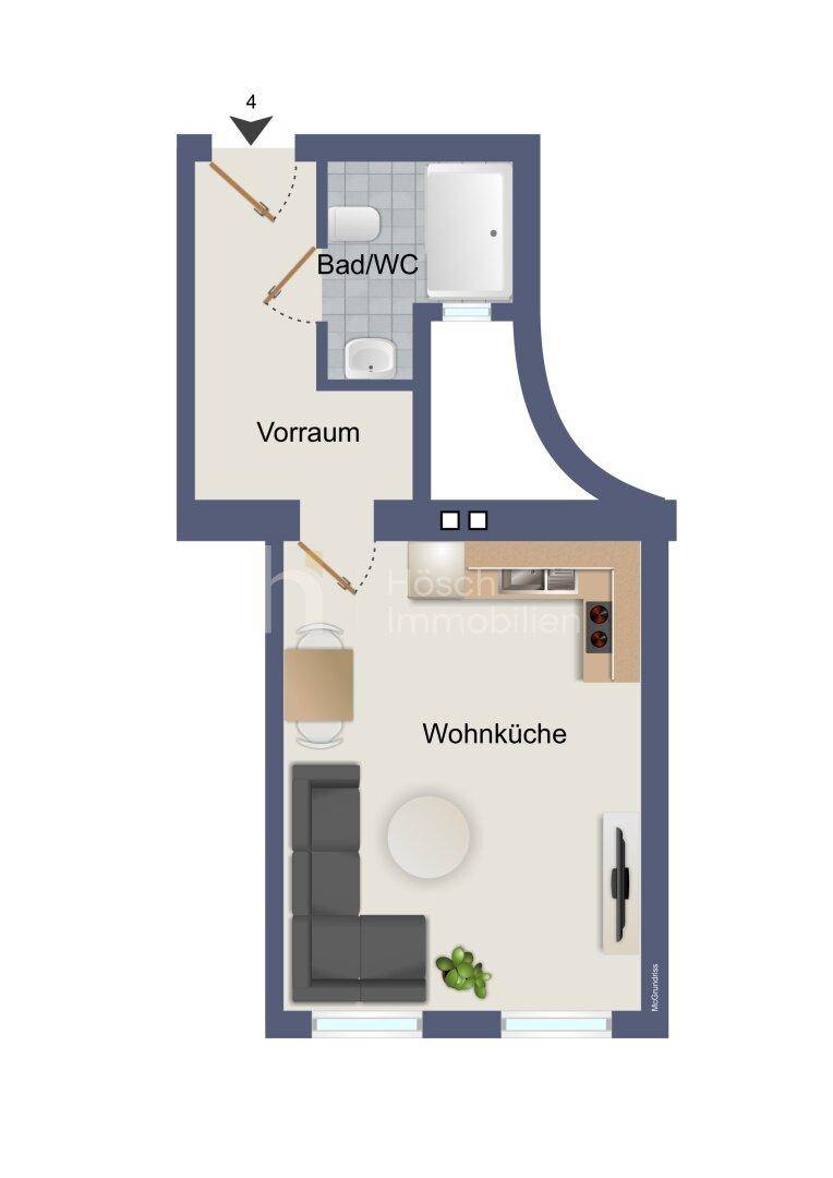Grundriss einer kompakten Wohnung mit offener Wohnküche, Bad/WC und Vorraum.