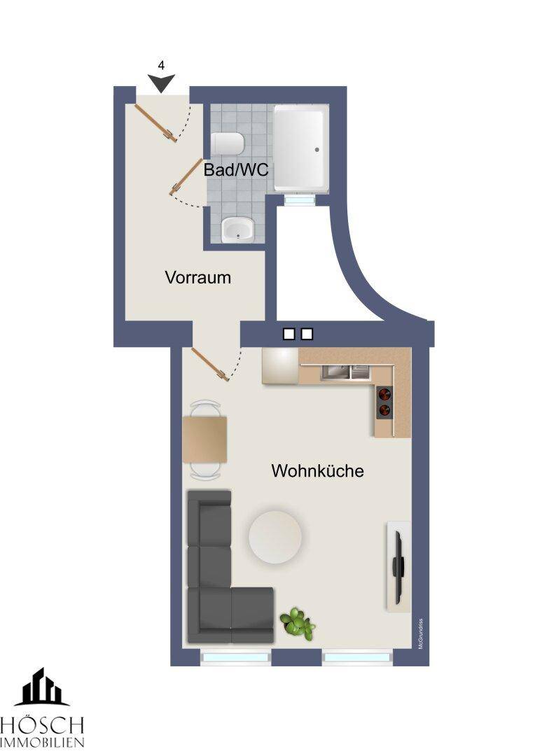 Grundriss zeigt eine offene Wohnküche und ein kombiniertes Bad mit WC.
