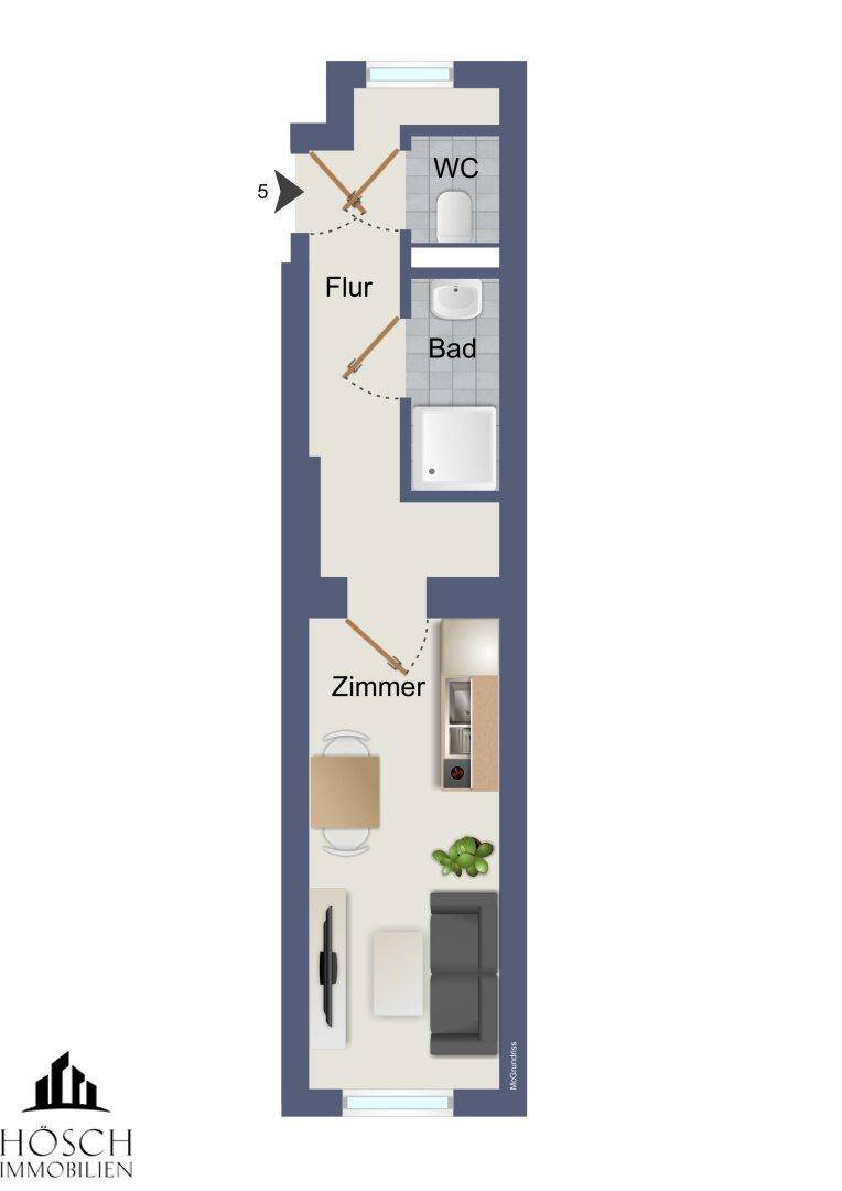 Grundriss zeigt eine lange Wohnung mit Wohnküche, Schlafzimmer, Bad und separatem WC.