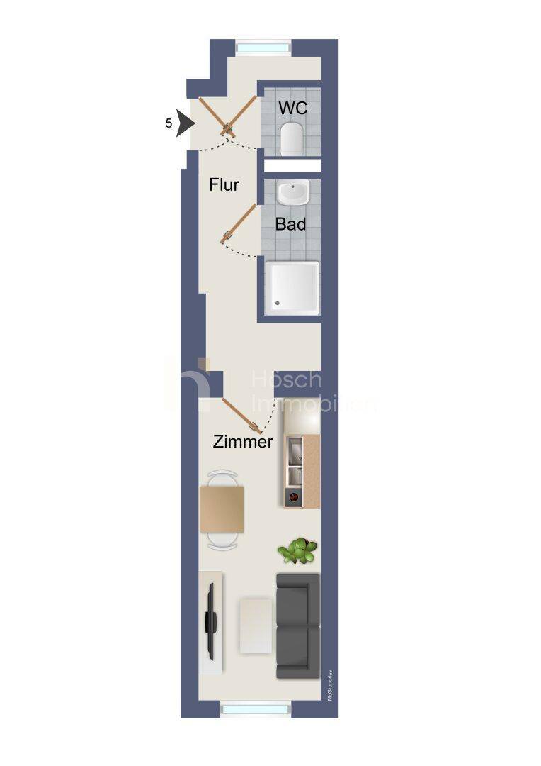 Langer Grundriss einer Wohnung mit Zimmer, offener Wohnküche, Bad und separatem WC.