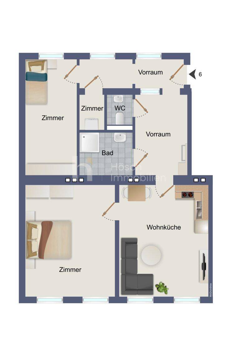 Grundriss einer Wohnung mit zwei Zimmern, offener Wohnküche, Bad und separatem WC.