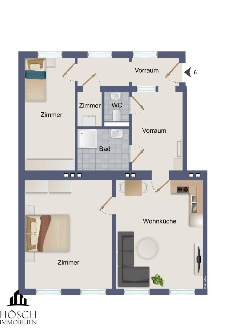 Grundriss zeigt zwei Schlafzimmer, ein Bad, separates WC und eine offene Wohnküche.