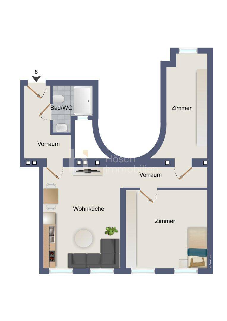 Grundriss einer Wohnung mit zwei Zimmern, offener Wohnküche und Bad/WC.