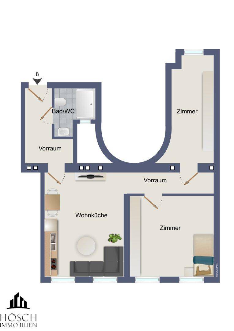 Grundriss zeigt eine Wohnung mit Wohnküche, zwei Schlafzimmern und kombiniertem Bad/WC.