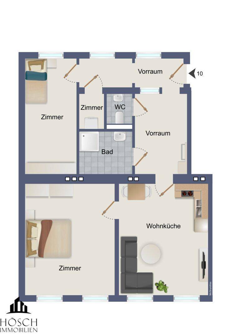 Grundriss zeigt zwei Schlafzimmer, ein Bad, separates WC und eine offene Wohnküche.
