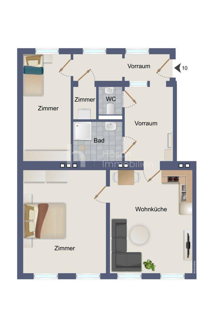 Grundriss einer Wohnung mit drei Zimmern, offener Wohnküche, Bad und separatem WC.