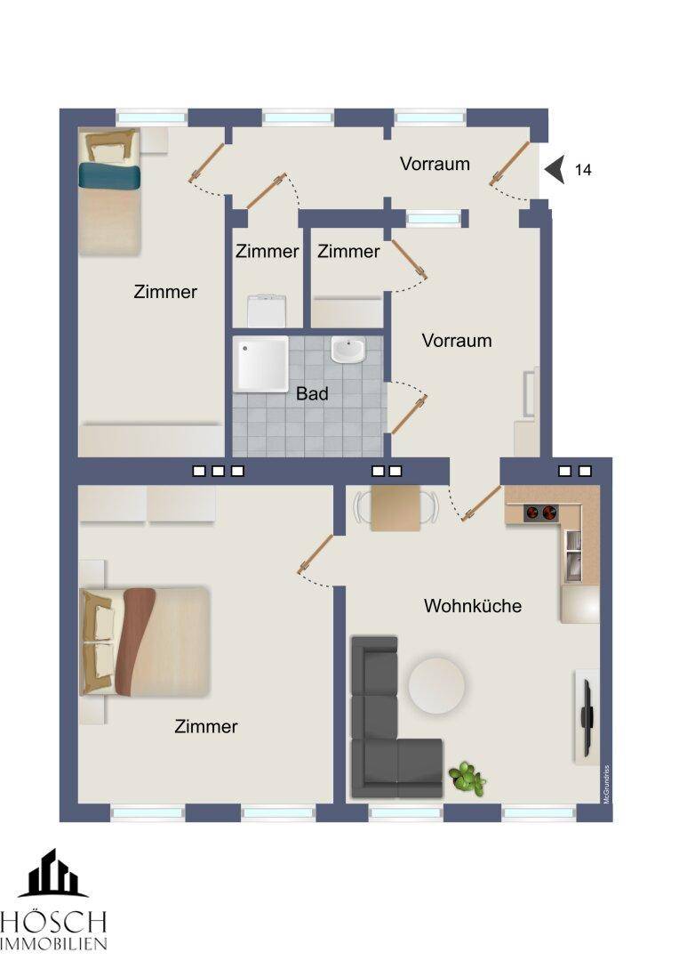 Grundriss zeigt zwei Schlafzimmer, ein Bad, separates WC und eine offene Wohnküche.