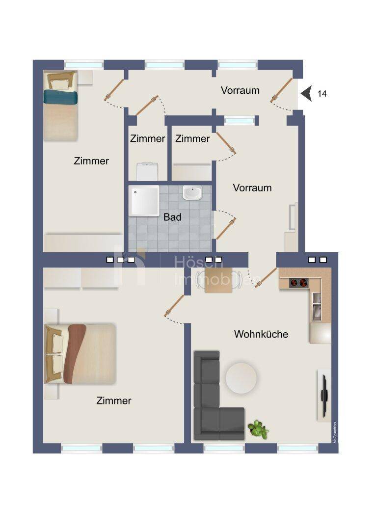 Grundriss einer Wohnung mit drei Zimmern, offener Wohnküche, Bad und separatem WC.