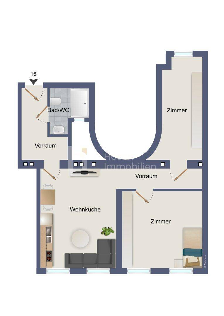 Grundriss einer Wohnung mit zwei Zimmern, offener Wohnküche und Bad/WC.