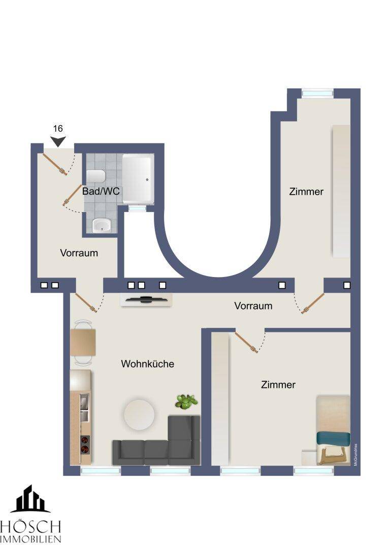 Grundriss zeigt eine Wohnung mit Wohnküche, zwei Schlafzimmern und kombiniertem Bad/WC.