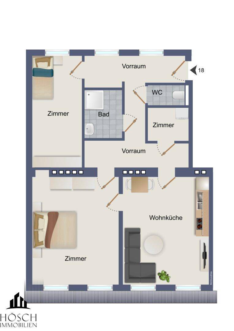 Grundriss zeigt zwei Schlafzimmer, ein Bad, separates WC und eine offene Wohnküche.